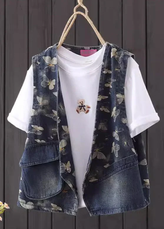 Affordable Layers Soft Fit Style Blue V Neck Print Pockets Denim Coats Fall
