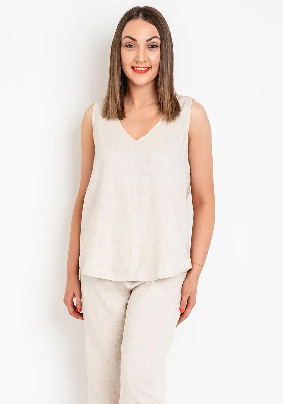 Street Style Comfort Versatile Clothing Fransa Juna Linen Blend V Neck Top, Beige