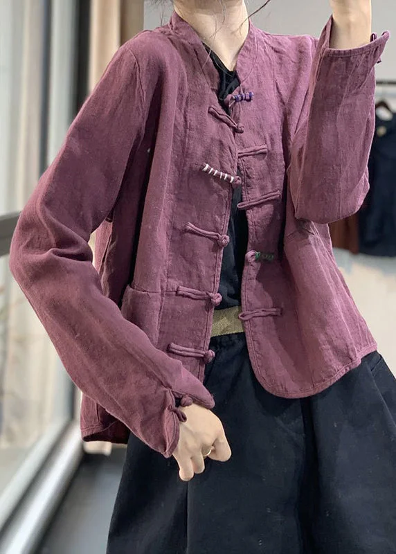 Practical Cozy Looks Day-to-day Fashion Retro Purple Chinese Button Pockets Linen Coat Fall Practical Cozy Looks Day-to-day Fashion Retro Purple Chinese Button Pockets Linen Coat Fall
