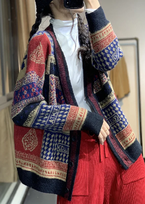 Soft Layering Wear Relaxed Pieces Women Red V Neck Print Button Knit Loose Cardigans Coat Fall Soft Layering Wear Relaxed Pieces Women Red V Neck Print Button Knit Loose Cardigans Coat Fall