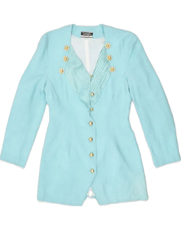 VINTAGE Womens Blazer Jacket UK 12 Medium Turquoise Cotton