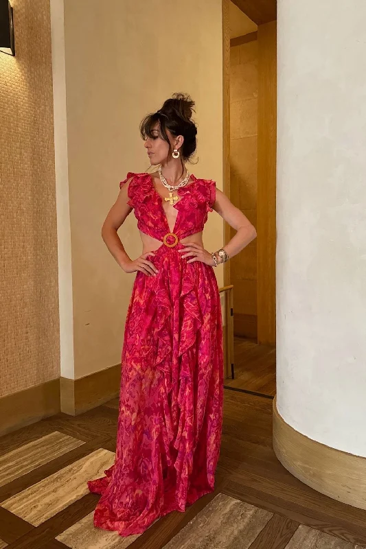 Cozy Fit Outfits Chic Essentials Jolie Pink Printed Ruffle Maxi Dress