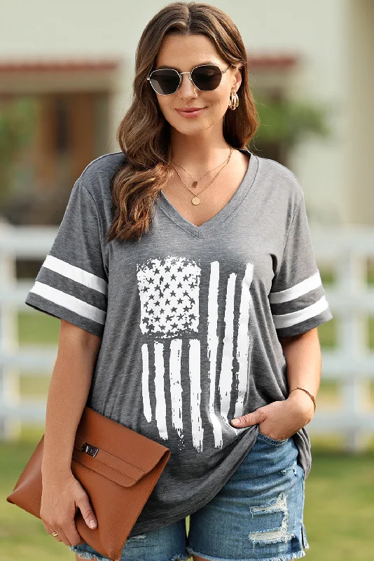 Street Chic Clothing Casual Looks Plus Size US Flag Graphic V-Neck Tee