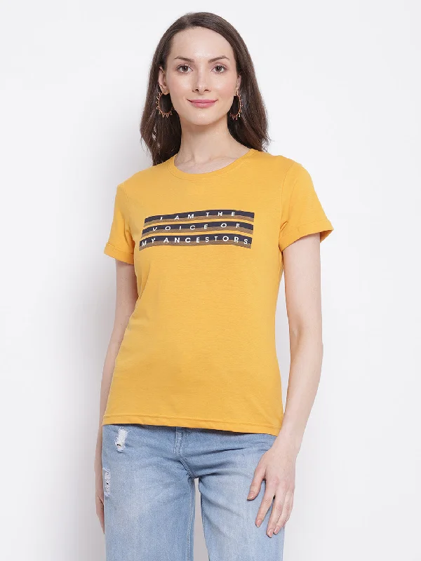 Cozy Fabric Fits Everyday Chic Women's Casual Regular Short Sleeve Mustard Round neck Typographic Print T-Shirt Cozy Fabric Fits Everyday Chic Women's Casual Regular Short Sleeve Mustard Round neck Typographic Print T-Shirt