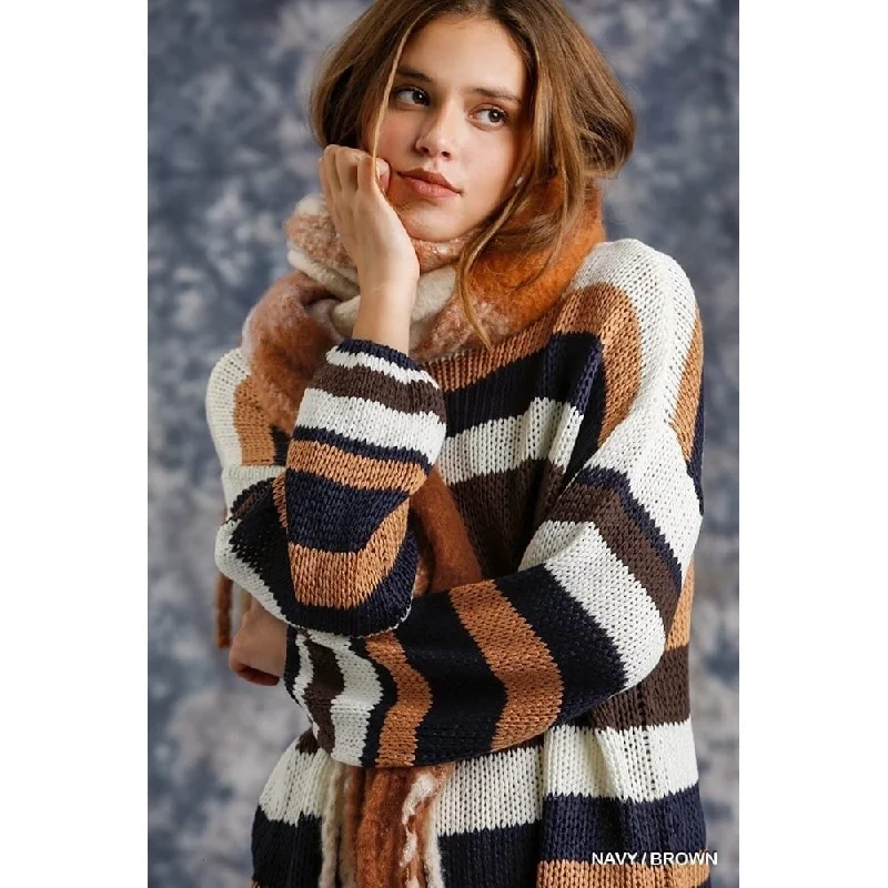 Cozy Day Outfits Practical Chic Multicolored Stripe Round Neck Long Sleeve Knit Sweater