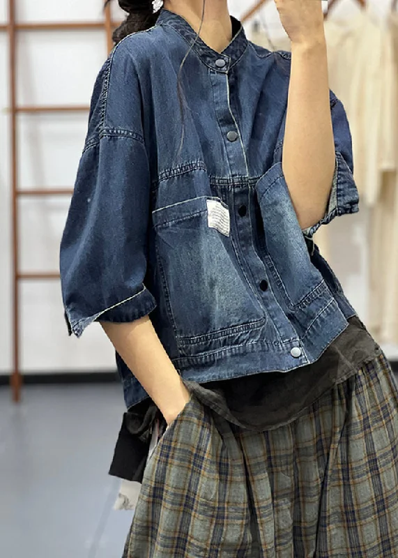 Soft and Casual Looks Stylish Essentials Handmade Blue Stand Collar Button Denim Coat Half Sleeve Soft and Casual Looks Stylish Essentials Handmade Blue Stand Collar Button Denim Coat Half Sleeve