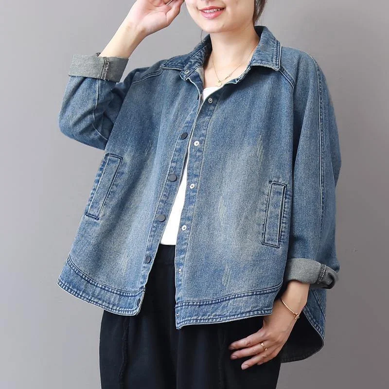 Street Comfort Clothing Sleek Comfort 2024 autumn new casual denim blue cotton short coats plus size lapel collar wild tops coat