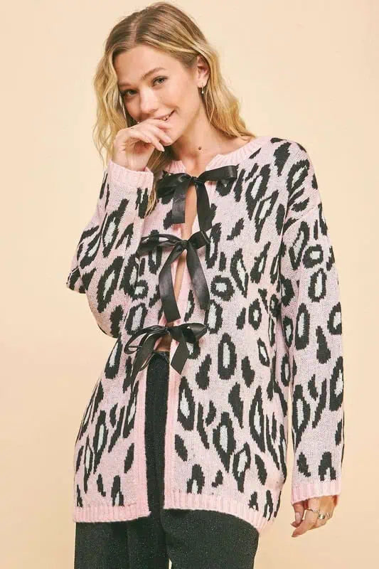 Everyday Comfort Wear Simple Comfort Look Davi & Dani Leopard Ribbon Tie Front Loose Fit Cardigan Everyday Comfort Wear Simple Comfort Look Davi & Dani Leopard Ribbon Tie Front Loose Fit Cardigan