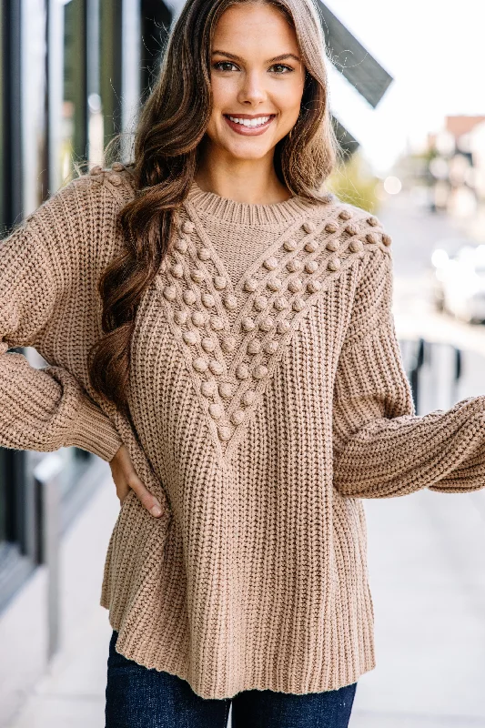 Cozy Fashion Trends Casual Wardrobe Get Involved Taupe Brown Pompom Sweater