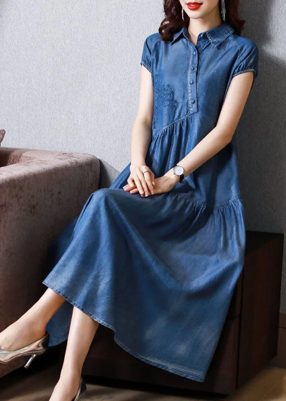 Effortless Chic Style Relaxed Fashion Italian Blue Embroideried Patchwork Exra Large Hem Denim Dress Summer