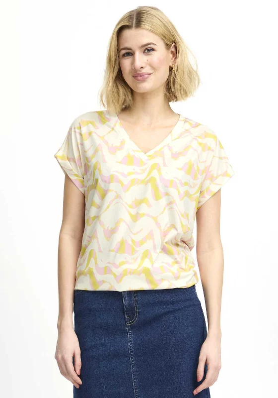 Relaxed Chic Casual Wearables Fransa Seen Wave V Neck T-Shirt, Yellow & Pink