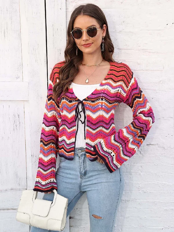 Cozy Wearable Styles Warm Layers Striped Openwork Tied Cardigan
