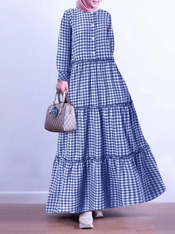 Modern Daywear Stylish Essentials Women Grid Printed Button down Front Kaftan Robe Vintage Layered Maxi Dress