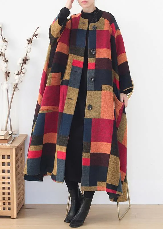 Cozy Everyday Outfits Simple Comfort Style New plus size clothing trench coat  outwear yellow plaid o neck Extra large hem wool coat