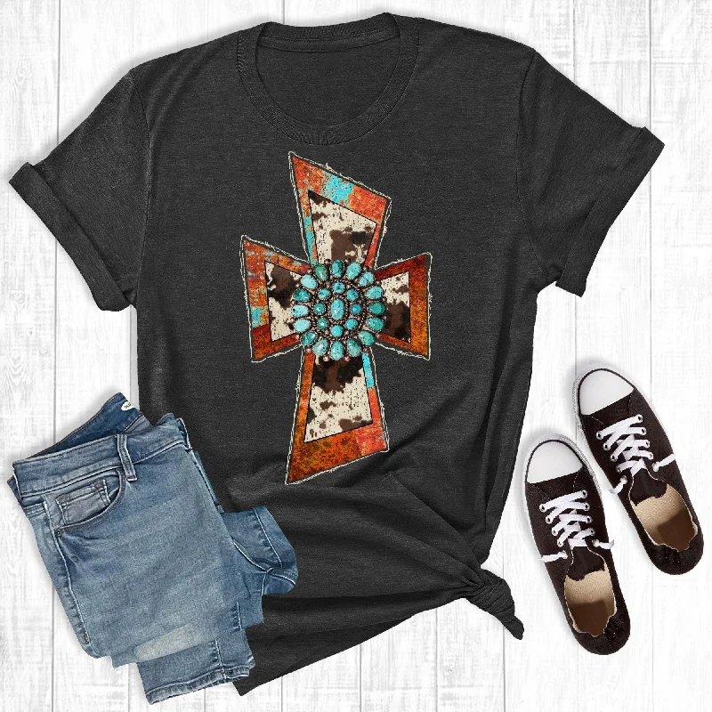 Soft-Fit Wear Stylish Essentials Black Acid Washed Cowprint Cross Tee