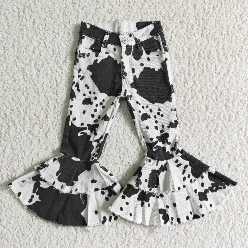 Casual Comfort Clothing Cozy Dresses P0001 new arrival girl milk cow print jeans kids high quality double ruffle flare pants