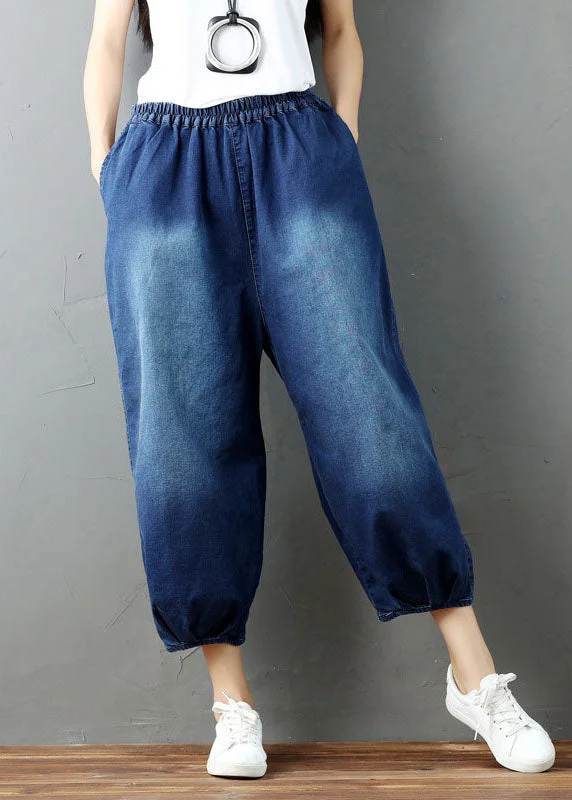 Bohemian Denim blue wrinkled lantern Pants Spring