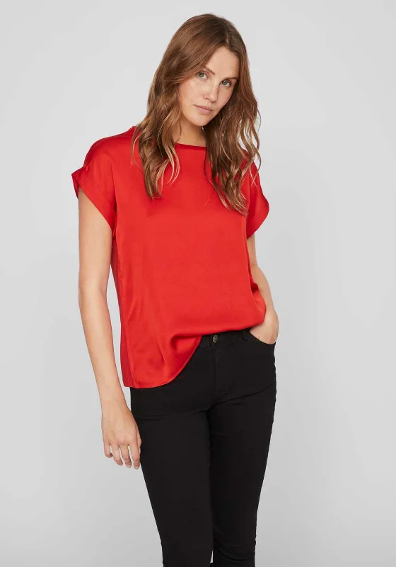 Chic Vibes Soft Fashionwear Vila Ellette Satin Top, Poppy Red