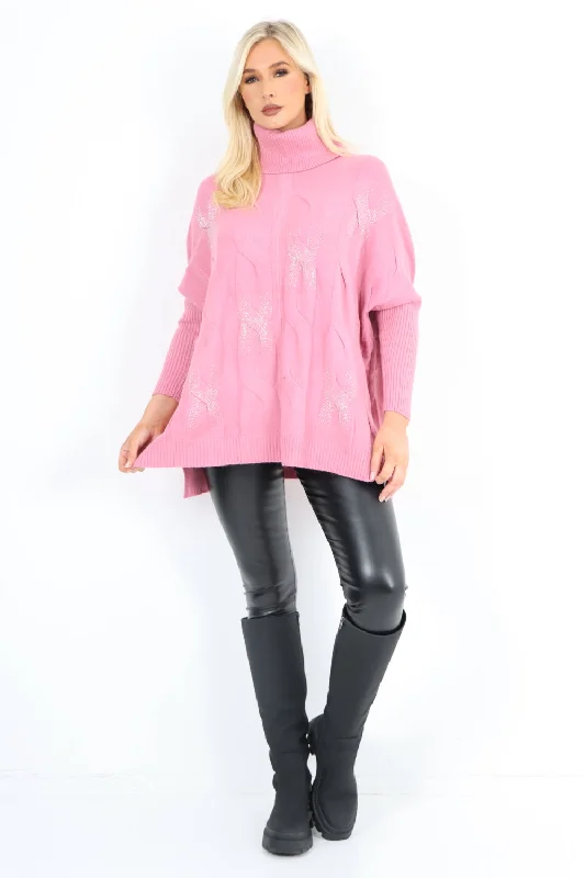 Trendy Comfortables Chic Essentials Roll Neck Rhinestone Detail Cable Knit Jumper Top Trendy Comfortables Chic Essentials Roll Neck Rhinestone Detail Cable Knit Jumper Top