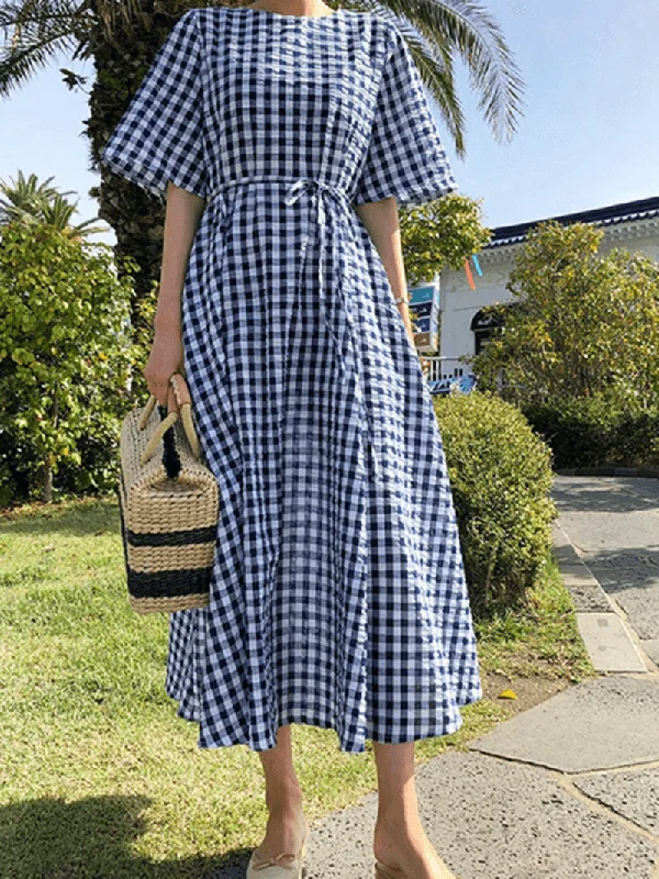 Trendy Cozy Apparel Comfortable Daywear Women Summer Short Sleeve Plaid Bow-Knot Casual Dress