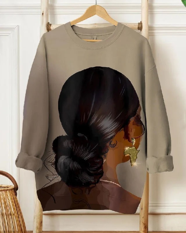 Street Comfortwear Budget Comfort Africa Map Earrings Brown Women Long Sleeve Sweatshirt