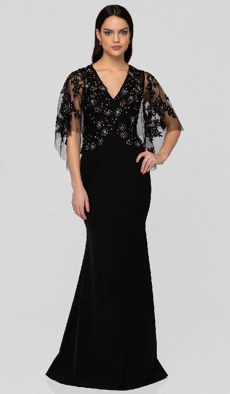 Casual Trend Pieces Comfortable Fit Terani Couture - 1912M9350 Floral Applique Plunging Neck Trumpet Dress Casual Trend Pieces Comfortable Fit Terani Couture - 1912M9350 Floral Applique Plunging Neck Trumpet Dress