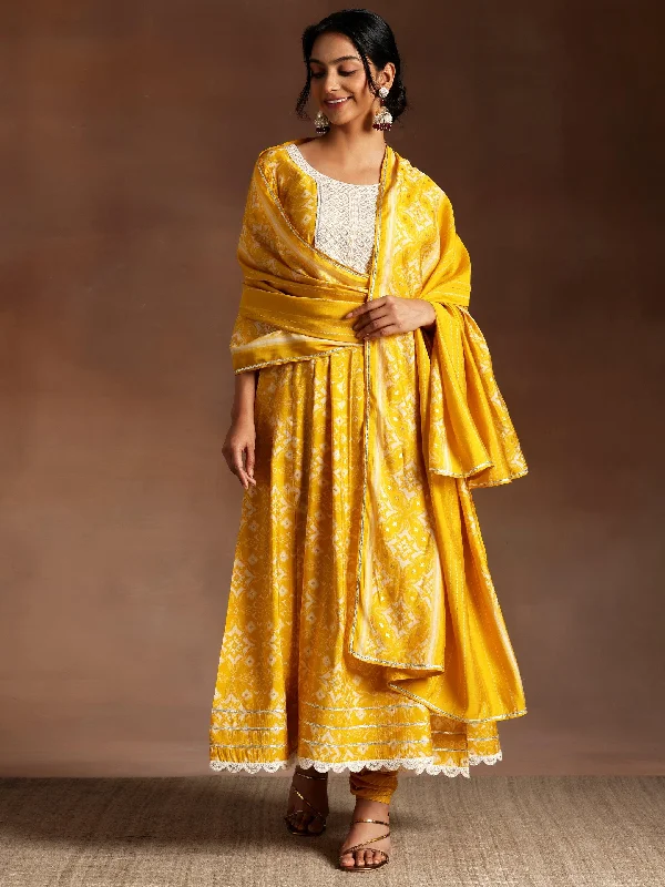 Everyday Wardrobe Essentials Soft Dressing Mustard Printed Silk Blend Anarkali Suit With Dupatta