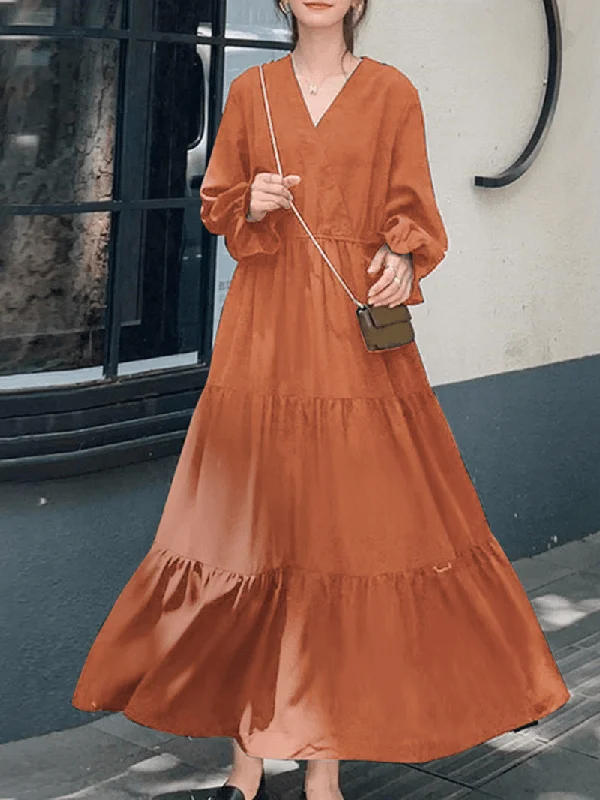 Cozy Comfort Options Comfortable Daywear Women Solid Color Puff Sleeve V-Neck Big Swing Casual Maxi Layered Dress