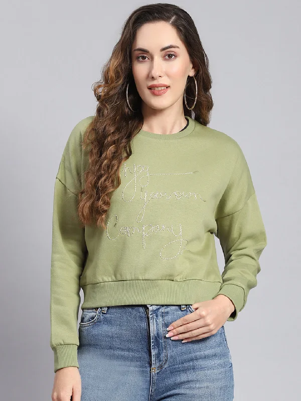Casual Layers Versatile Comfortwear Women Green Embroidered Round Neck Full Sleeve Sweatshirts
