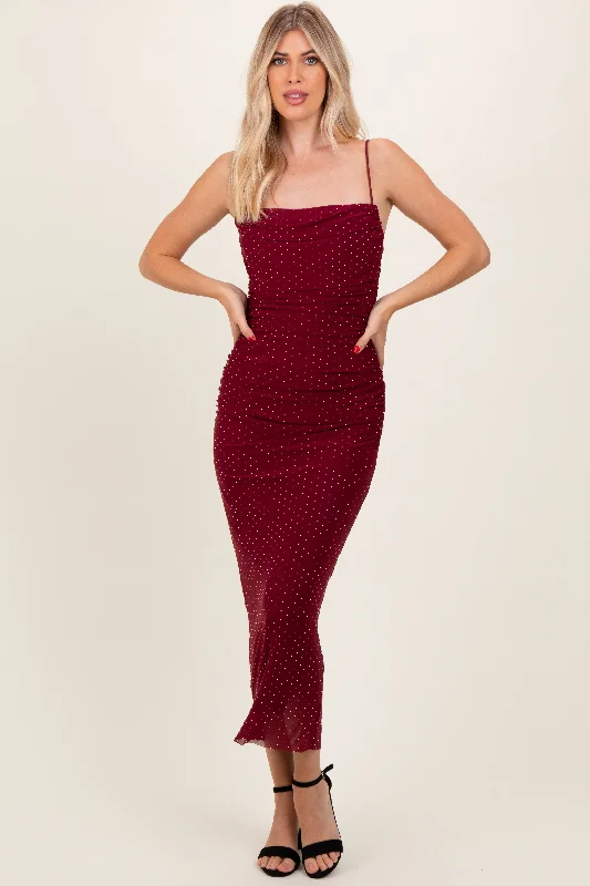 Soft Layers Clothing Day-to-day Comfort Burgundy Rhinestone Fitted Ruched Maxi Dress