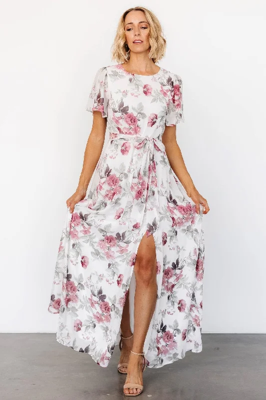 Soft Layering Wear Simple Comfort Style Naomi Short Sleeve Maxi Dress | Off White + Rose Floral