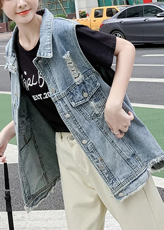 Warm and Soft Textiles Simple Comfort Look DIY Light Blue Peter Pan Collar Denim Waistcoat Sleeveless Warm and Soft Textiles Simple Comfort Look DIY Light Blue Peter Pan Collar Denim Waistcoat Sleeveless