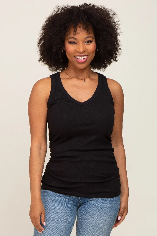 Simple Fashion Styles Relaxed Outfits Black Ribbed Sleeveless Ruched Tank Top