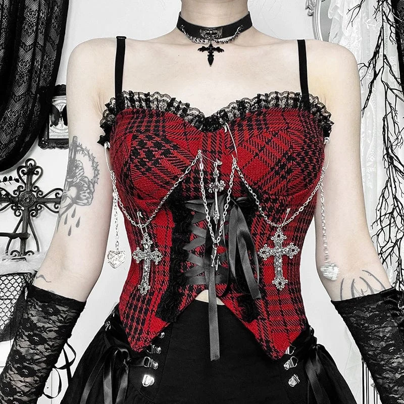 Effortless Fashionwear Sleek Comfort Women's Gothic Chain Plaid Tank Top Black Red