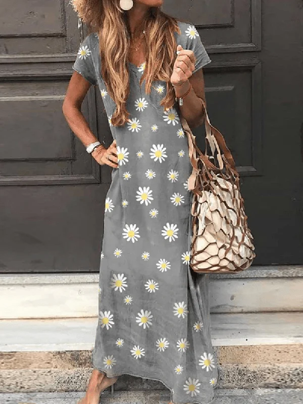 Chic Vibes Everyday Chic Daisy Print V-Neck Short Sleeve Casual Loose Maxi Dress for Women