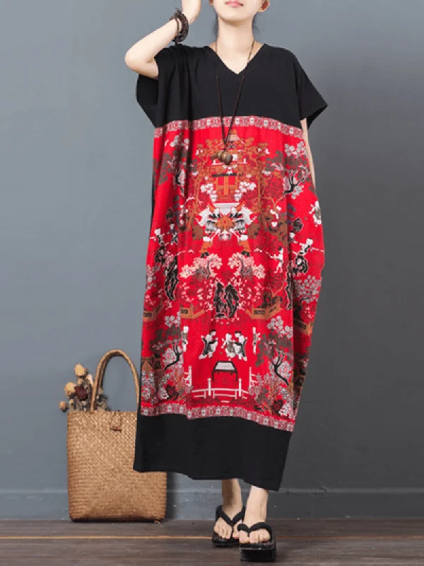Relaxed Street Styles Versatile Comfortwear Folk Style Print Patchwork Maxi Dresses