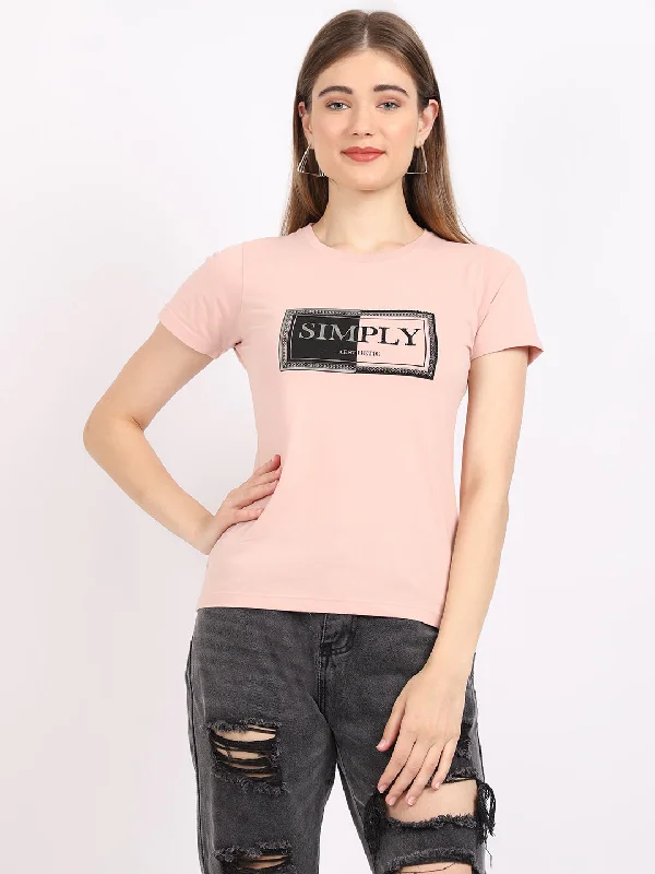 Relaxed Fit Choices Easy Chic Women's Casual Regular Short Sleeve Peach Round neck Typographic Print T-Shirt Relaxed Fit Choices Easy Chic Women's Casual Regular Short Sleeve Peach Round neck Typographic Print T-Shirt