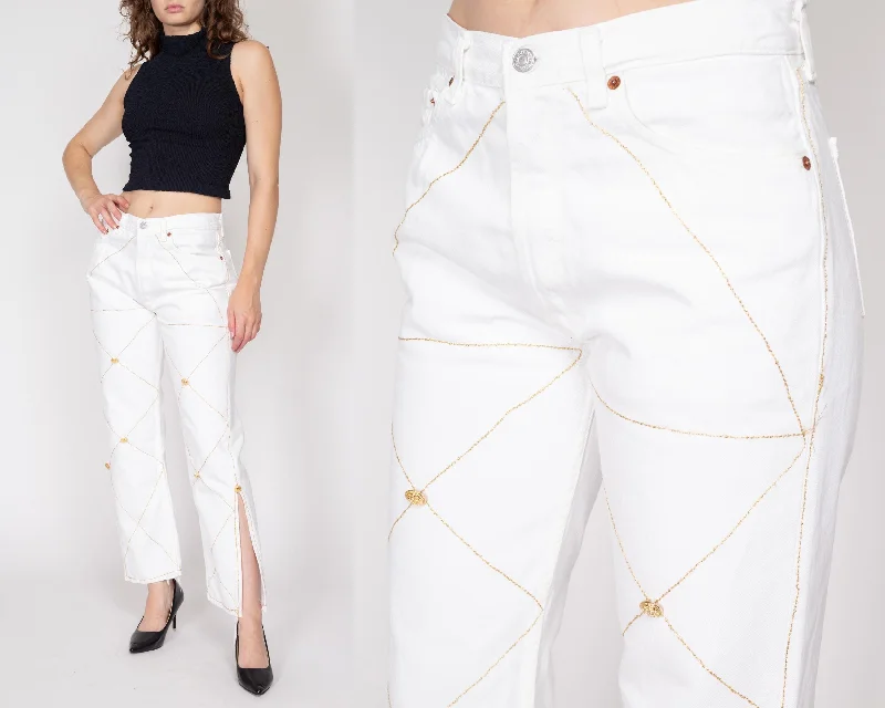 Effortless Layers Soft Fashion Medium Y2K Levis 501 White & Gold Embellished Jeans