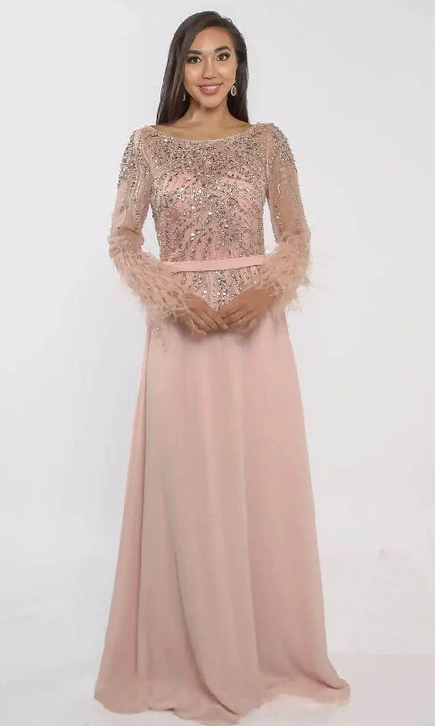 Warm Textures Chic Fit Terani Couture 241M2718 - Feather Embellished Long Sleeve Evening Dress Warm Textures Chic Fit Terani Couture 241M2718 - Feather Embellished Long Sleeve Evening Dress