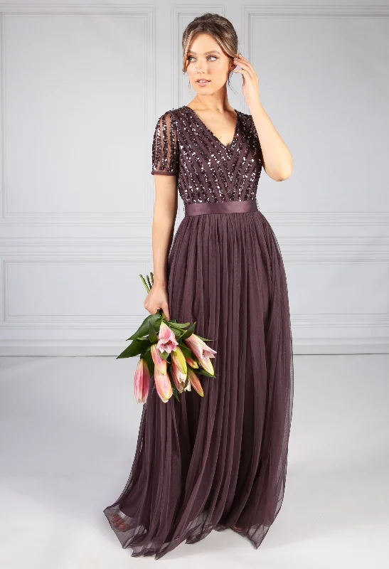 Fashion Comfort Wearables Comfy Chic Dark Purple V Neck Sequin and Tulle Dress with Tie Waist