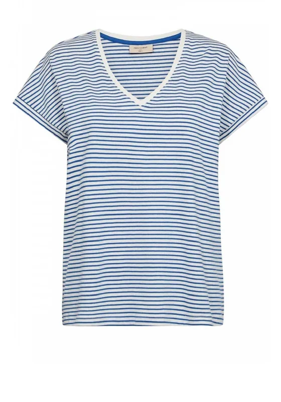 Comfortable Apparel Affordable Layers Freequent Mian Stripe V-Neck T-Shirt, Off White & Nebulas Blue Comfortable Apparel Affordable Layers Freequent Mian Stripe V-Neck T-Shirt, Off White & Nebulas Blue