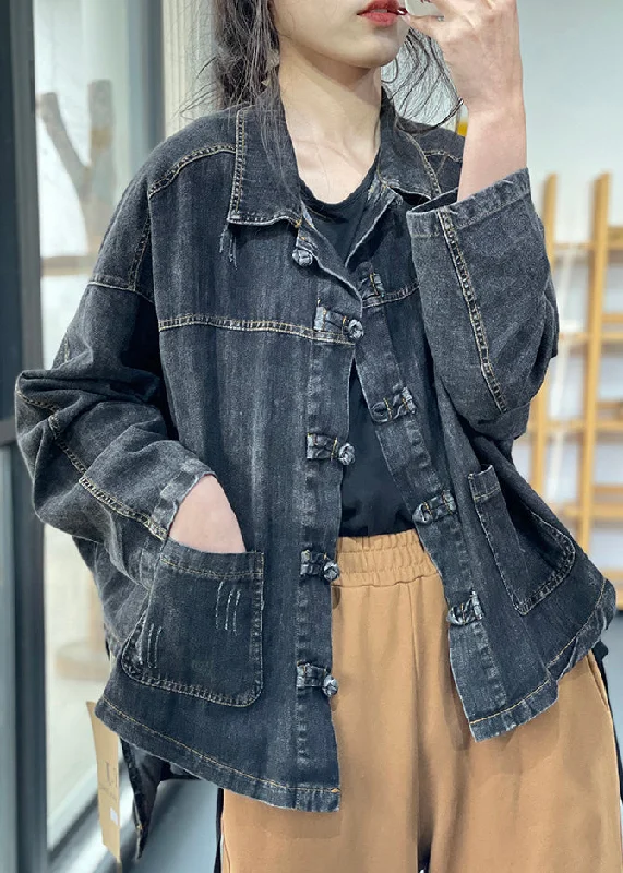 Simple Wear Fits Casual Wardrobe Vintage Black Peter Pan Collar Button Pockets Denim Coats Long Sleeve Simple Wear Fits Casual Wardrobe Vintage Black Peter Pan Collar Button Pockets Denim Coats Long Sleeve
