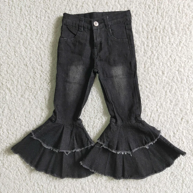 Comfortable Layered Styles Stylish Essentials girl high quality bleached jeans kids black double ruffles denim bell pants with zipper