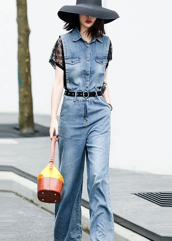 Chic Vibes Comfortable Fits Italian Blue Hollow Out Patchwork Lace Denim Jumpsuit Short Sleeve Chic Vibes Comfortable Fits Italian Blue Hollow Out Patchwork Lace Denim Jumpsuit Short Sleeve
