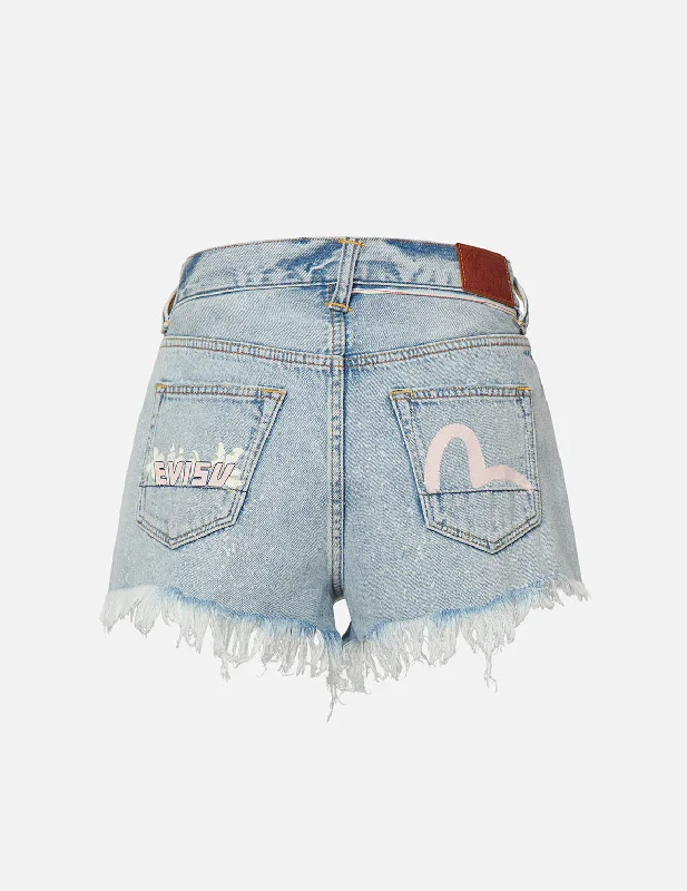 Casual Style Fits Budgeted Fashion Seagull and Slogan Print Denim Shorts