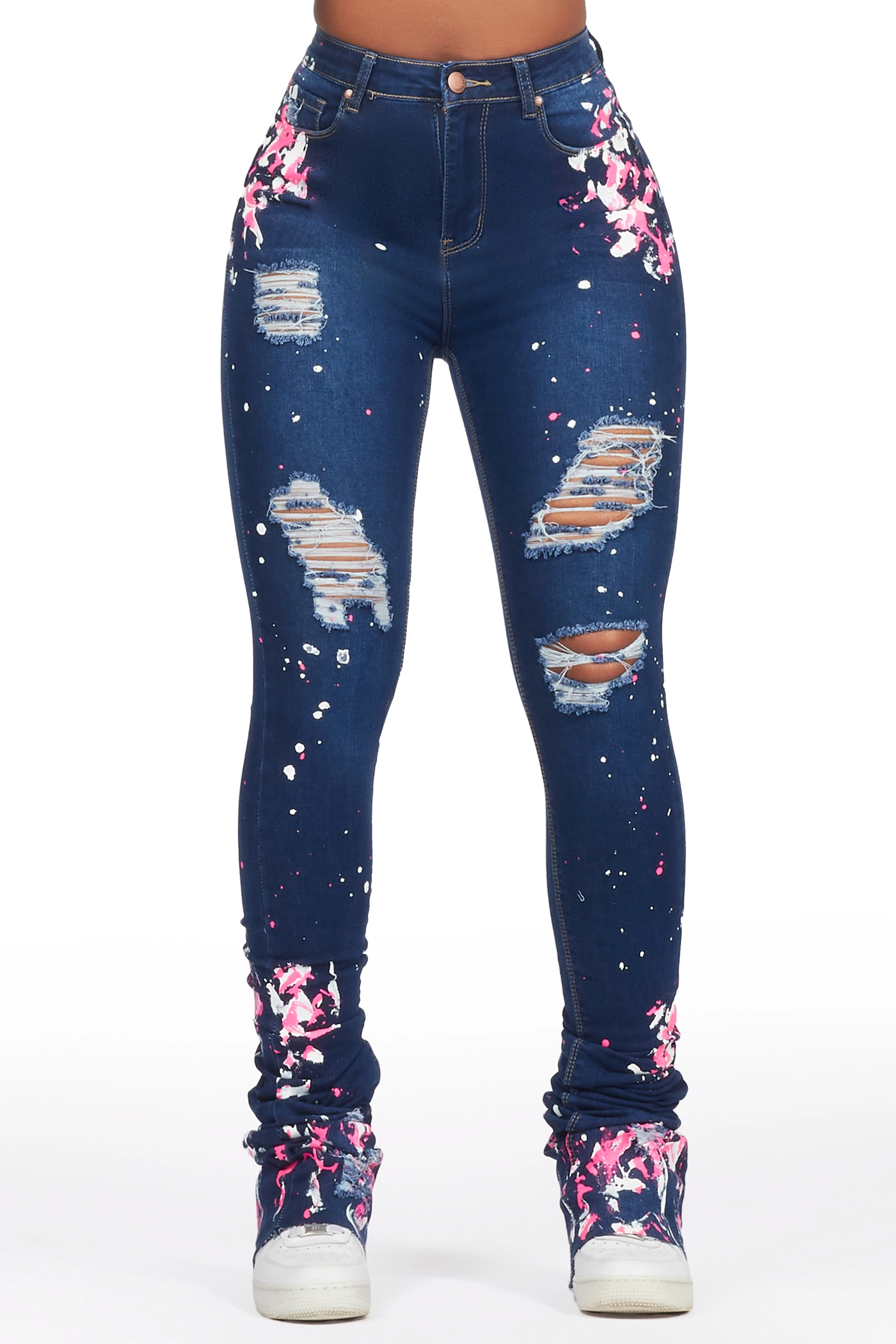 Modern Cozy Looks Comfy Chic Lovie Dark Wash Painted Super Stacked Jean