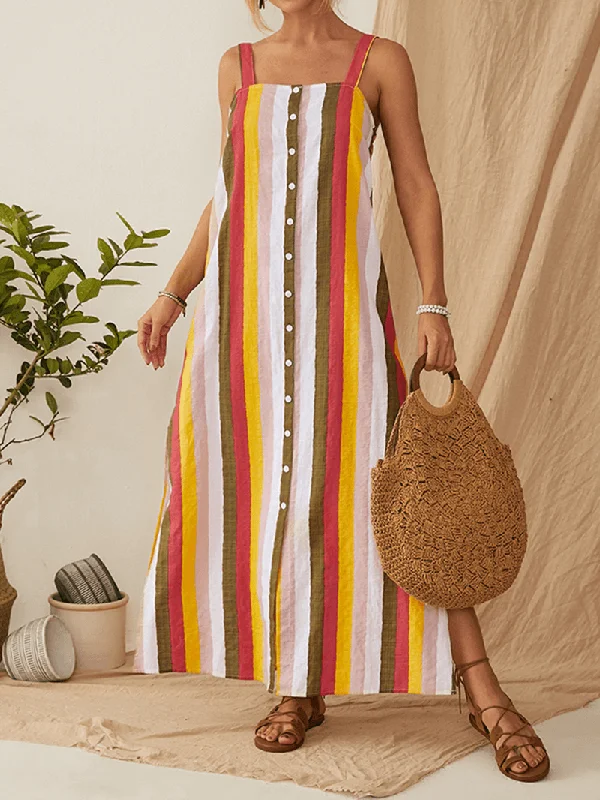 Comfortable Vibes Chic Layers Striped Button down Split Straps Women Casual Maxi Dress