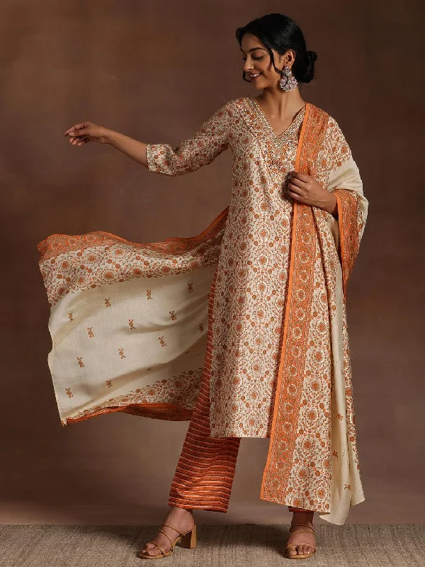 Comfy Clothing Choices Chic Wear Orange Printed Silk Blend Straight Suit With Dupatta