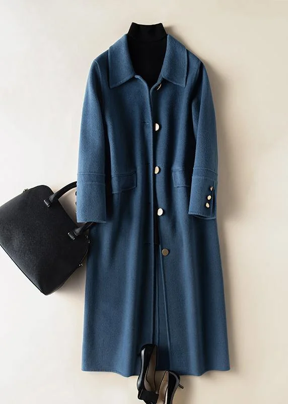 Effortless Fashionwear Fashionable Comforts Bohemian lapel Button Down Fashion coat for woman blue Knee Woolen Coats