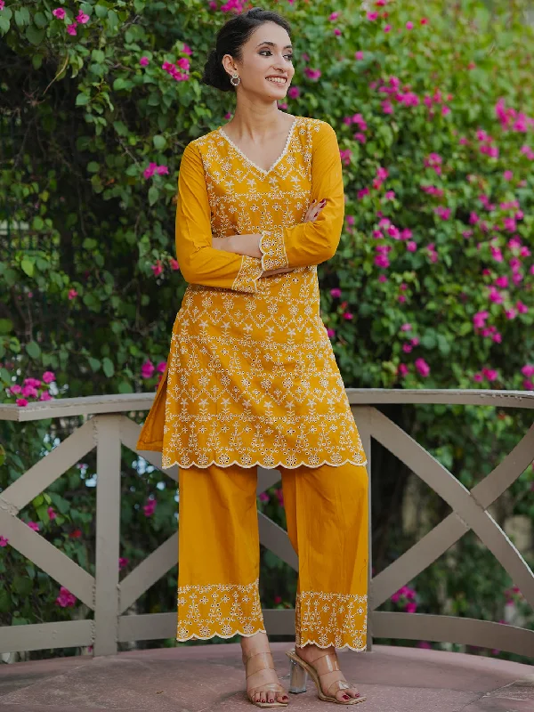 Modern Daywear Elegant Wear Mustard Embroidered Cotton Co-Ords
